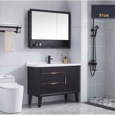 black solid wood bathroom vanity 90cm floor standing bathroom cabinet mirror cabinet